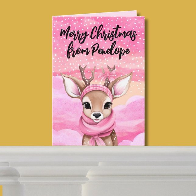 Pink Christmas Reindeer Personalised Cute Holiday Card (Creator Uploaded)