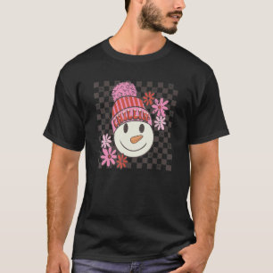 Pink Christmas Retro Groovy Snowman Chilling Check T-Shirt