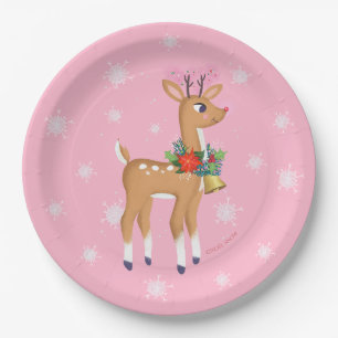 Pink Christmas Retro Rudolph Reindeer Paper Plate