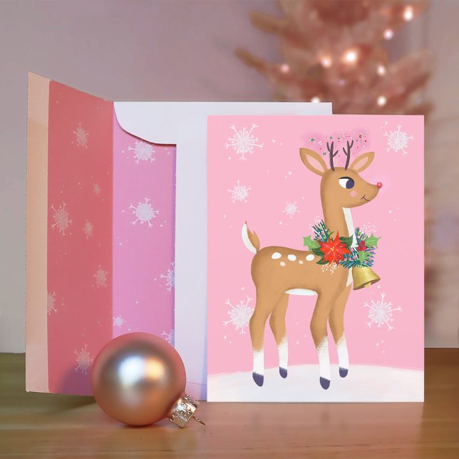 Pink Christmas Retro Rudolph Reindeer Postcard (Envelope sold separately.)
