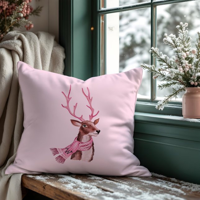 Pink Christmas Retro Vintage Reindeer Monogram Cushion (Pink Christmas Retro Vintage Reindeer Monogram Throw Pillow)