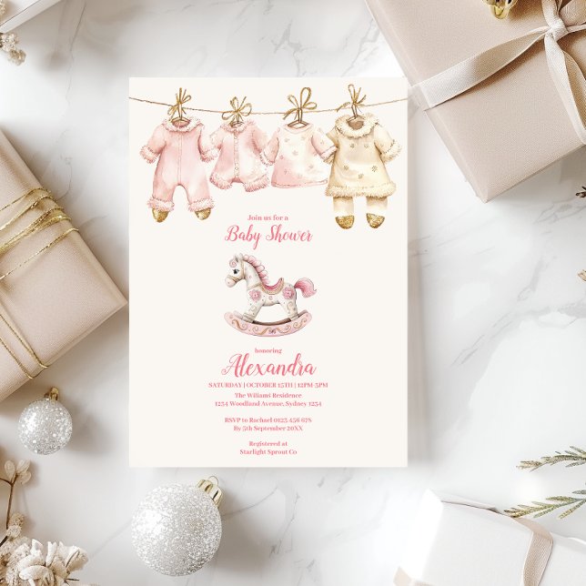 Pink Christmas Rocking Horse Baby Shower Invitation (Creator Uploaded)