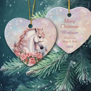 Pink Christmas Rose Bouquet White Horse Kids Ceramic Ornament