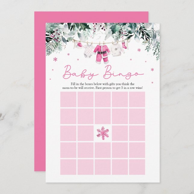 Pink Christmas Santa Baby Bingo Baby Shower Game Invitation (Front/Back)