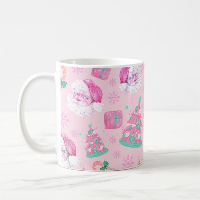 Pink Christmas Santa Clau & Tree Seamless Pattern Coffee Mug (Left)
