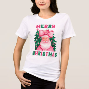 Pink Christmas Santa Claus Bow Tri-Blend Shirt