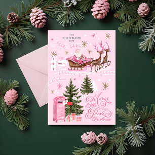 Pink Christmas Santa Reindeer North Pole Village Holiday Card