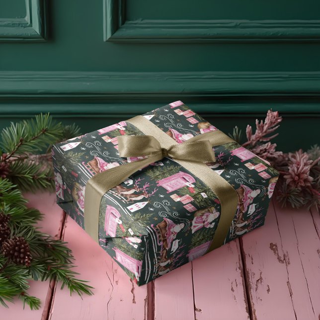 Pink Christmas Santa Reindeer North Pole Village Wrapping Paper (Pink Christmas Santa Reindeer North Pole Village Wrapping Paper)