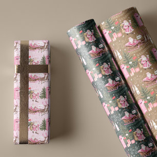 Pink Christmas Santa Reindeer North Pole Village Wrapping Paper Sheet