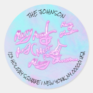 Pink Christmas Script Holographic Return Address Classic Round Sticker