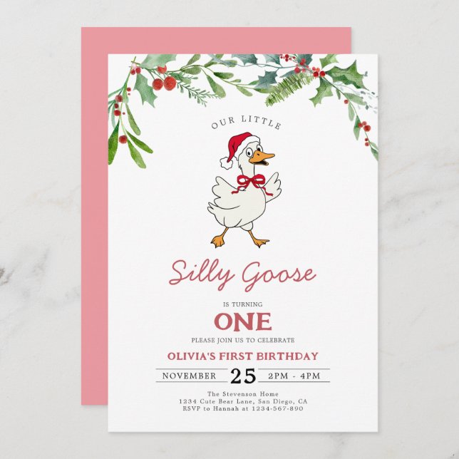 Pink Christmas Silly Goose Berries 1st Birthday Invitation (Front/Back)