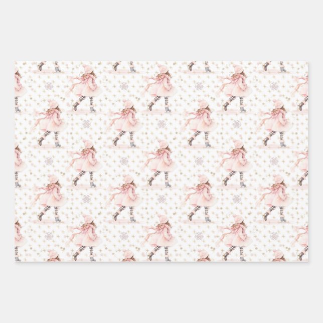 Pink Christmas Skating Girl  Wrapping Paper Sheet (Front)