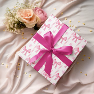Pink Christmas Snowflake & Bow Coquette Gift Wrapping Paper