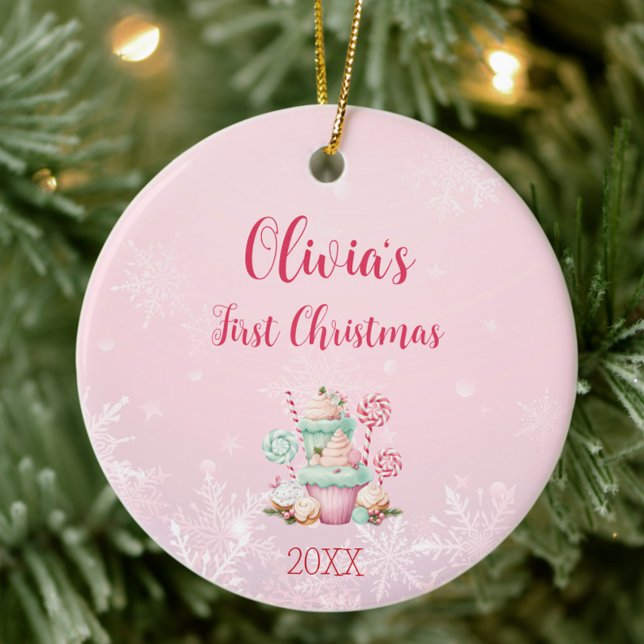 Pink Christmas Snowflake Cupcake First Christmas Ceramic Ornament (Pink First Christmas Ornament with Year, Baby Girl Ornament, Christmas Gift Idea for New Mom)