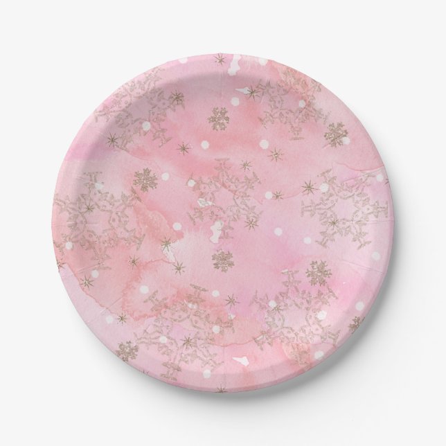 Pink Christmas Snowflakes Boho Pattern Paper Plate (Front)