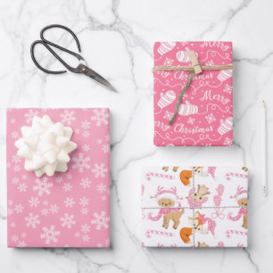 Pink Christmas Snowflakes Mittens Reindeer Wrapping Paper Sheet