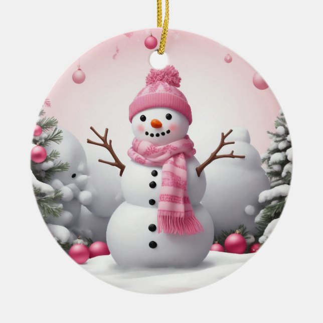 Pink Christmas Snowman Ceramic Ornament (Front)