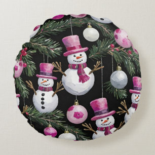 Pink Christmas Snowman Ornaments Round Cushion