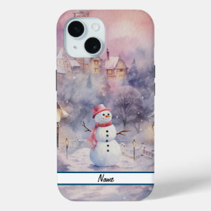Pink Christmas Snowman Tough iPhone 15 Case