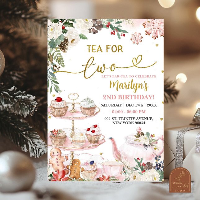 Pink Christmas Tea For Two Winter Birthday  Invitation (Creator Uploaded)