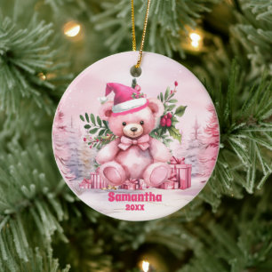 Pink Christmas Teddy Bear Kids Photo Ornament