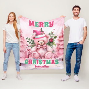 Pink Christmas Teddy Bear Personalised Kids Name Fleece Blanket