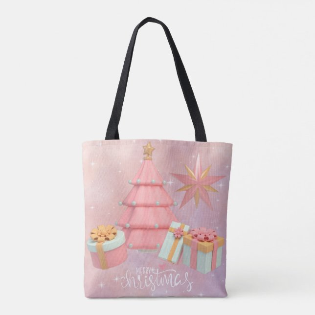 Pink Christmas Tree And Gold Stars Tote Bag (Back)