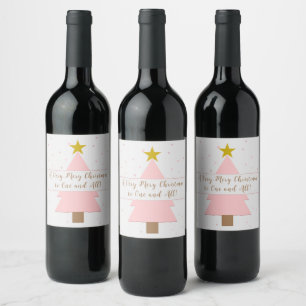 Pink Christmas Tree and Golden Star Custom Wish Wine Label