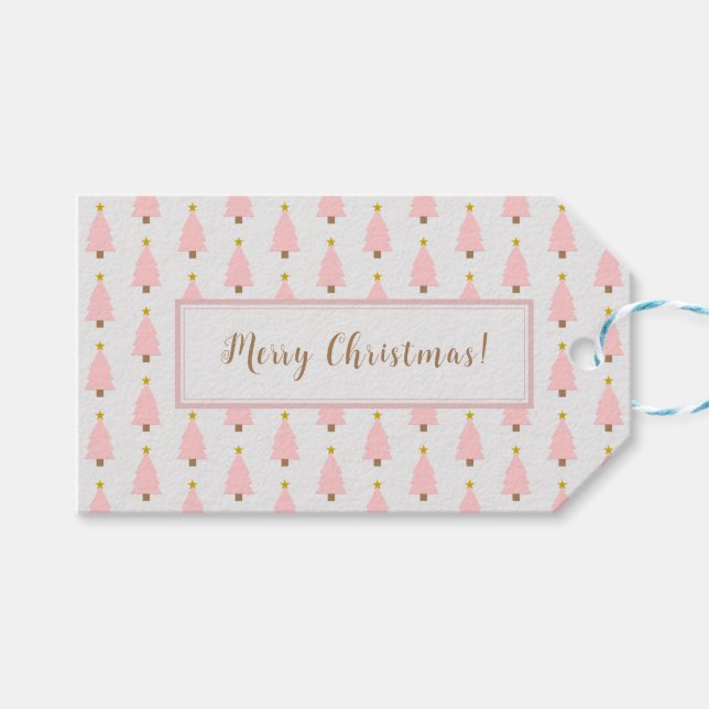 Pink Christmas Tree and Golden Star Gift Tag (Front (Horizontal))