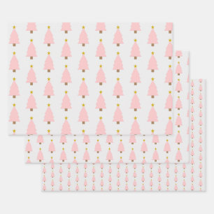 Pink Christmas Tree and Golden Star Wrapping Paper Sheet