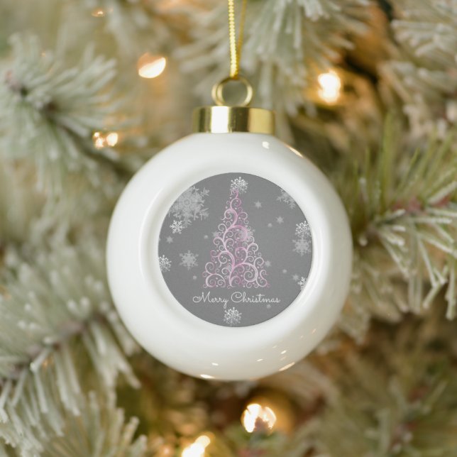Pink Christmas Tree and Snowflakes Ceramic Ball Christmas Ornament (Tree)