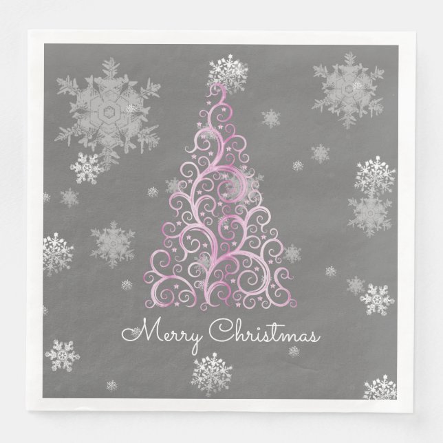 Pink Christmas Tree and Snowflakes Paper Napkin (Front)