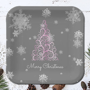 Pink Christmas Tree and Snowflakes Paper Plate