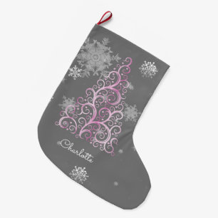 Pink Christmas Tree and Snowflakes Stocking