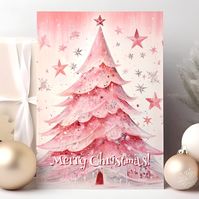 Pink Christmas Tree And Stars Merry Christmas Holiday Card (Creator Uploaded)