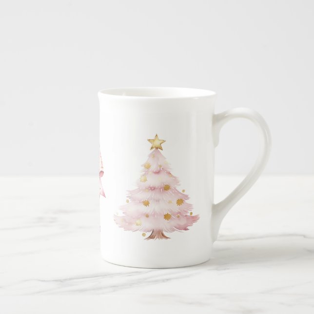 Pink Christmas Tree Bow Bone China Mug (Right)