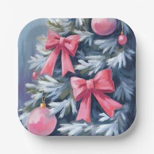 Pink Christmas Tree Bows Ornaments Watercolor Paper Plate