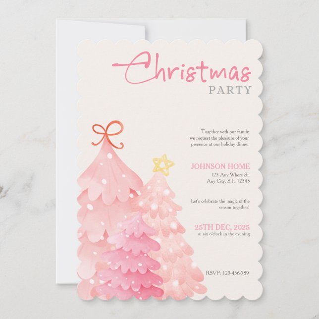 Pink Christmas Tree Christmas Party Invitation (Front)
