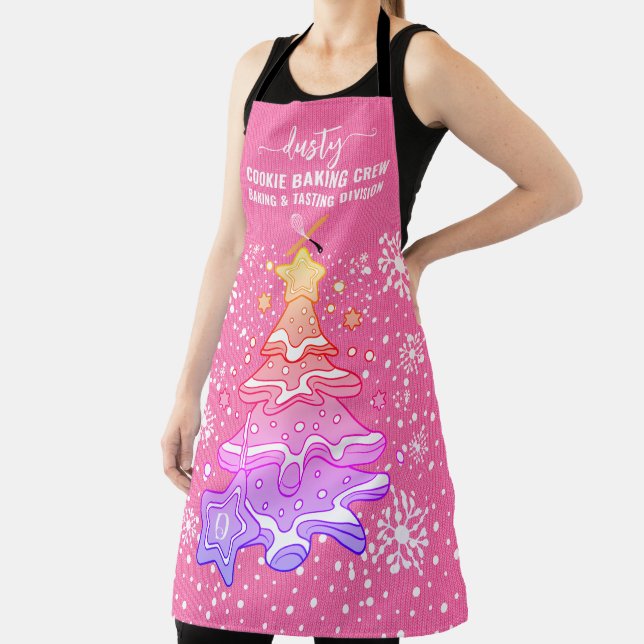 Pink Christmas Tree Cookie Baking Crew Snowflakes Apron (Insitu)