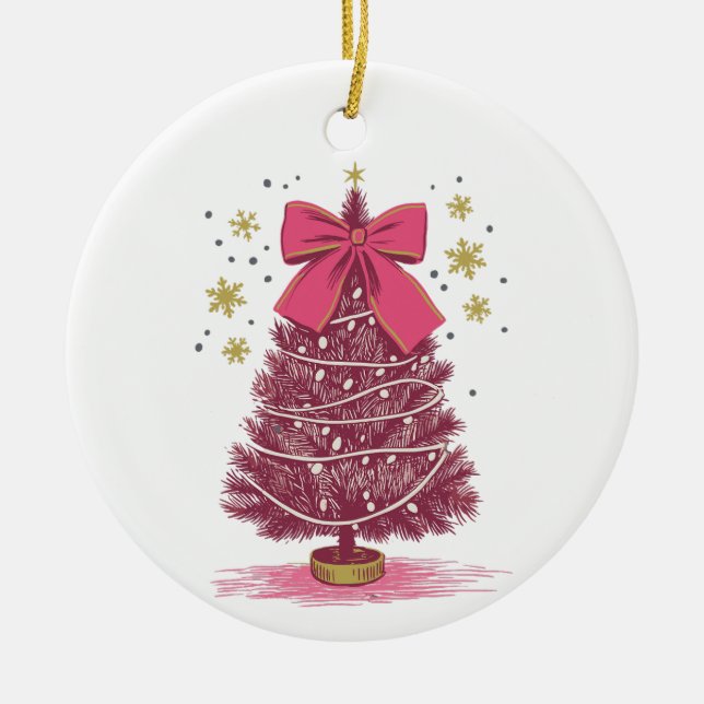 Pink Christmas Tree Coquette Bow Xmas Holiday Ceramic Ornament (Front)