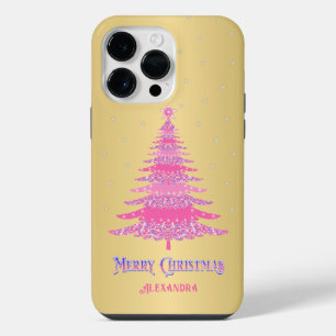 Pink Christmas Tree Custom Name Gold Foil iPhone 14 Pro Max Case