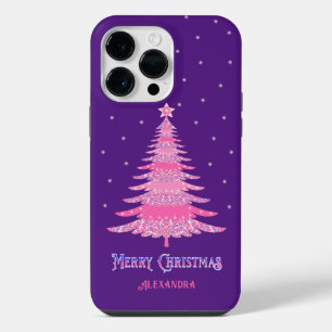 Pink Christmas Tree Custom Name Purple iPhone 14 Pro Max Case