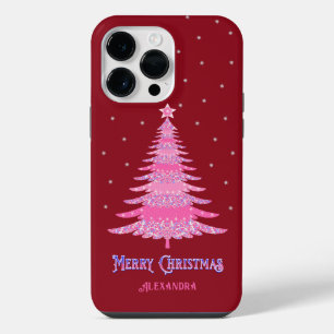 Pink Christmas Tree Custom Name Red iPhone 14 Pro Max Case