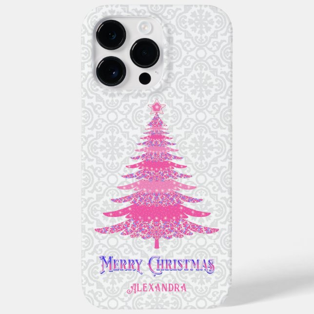 Pink Christmas Tree Custom Name Sparkle Case-Mate iPhone Case (Back)
