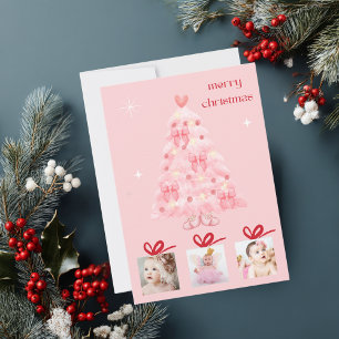 Pink Christmas Tree Cute Photo Presents Custom Holiday Card