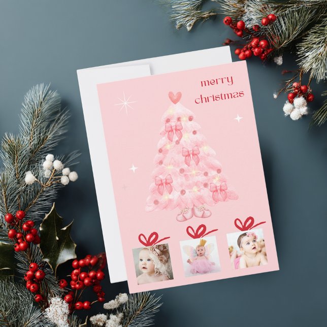 Pink Christmas Tree Cute Photo Presents Custom Holiday Card (Creator Uploaded)