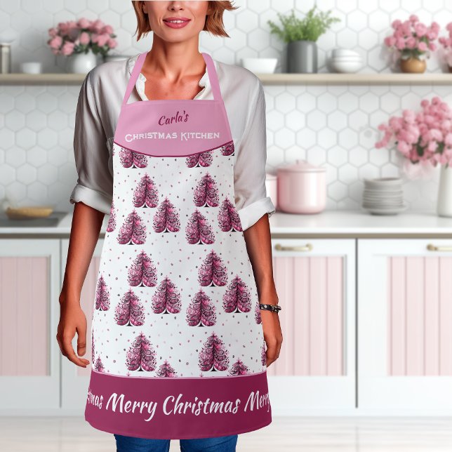 Pink Christmas Tree Girly All-Over Print Apron (Pink Christmas Tree Girly Personalized All-Over Print Apron)
