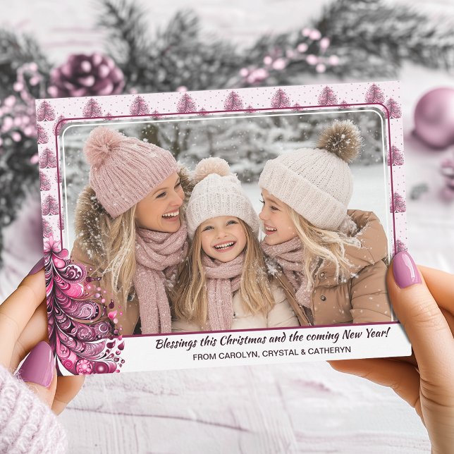 Pink Christmas Tree Girly Glam Flat Holiday Card (Personalized Pinkmas Pink Christmas Tree Girly Glam Flat Holiday Card)