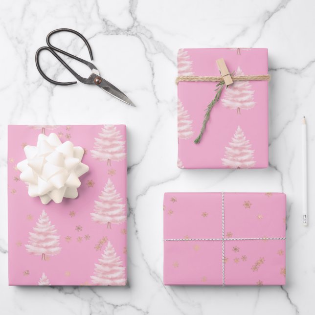 Pink Christmas Tree Gold Snowflakes Wrapping Paper Sheet (Front)