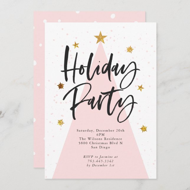 Pink Christmas Tree Gold Stars Holiday Party Invitation (Front/Back)